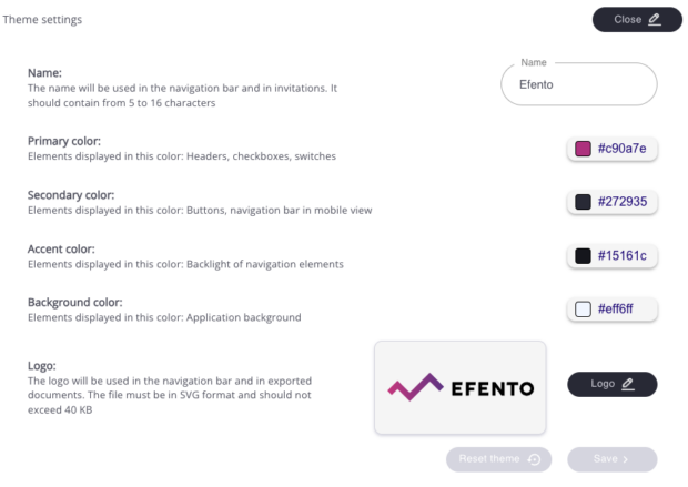 Efento Cloud users can customise the theme of each organisation